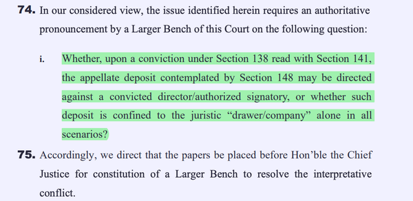 Bharat Mittal v. State of Rajasthan ; 2025 INSC 1459 - S.148 NI Act - Company Director - Referred to Larger Bench